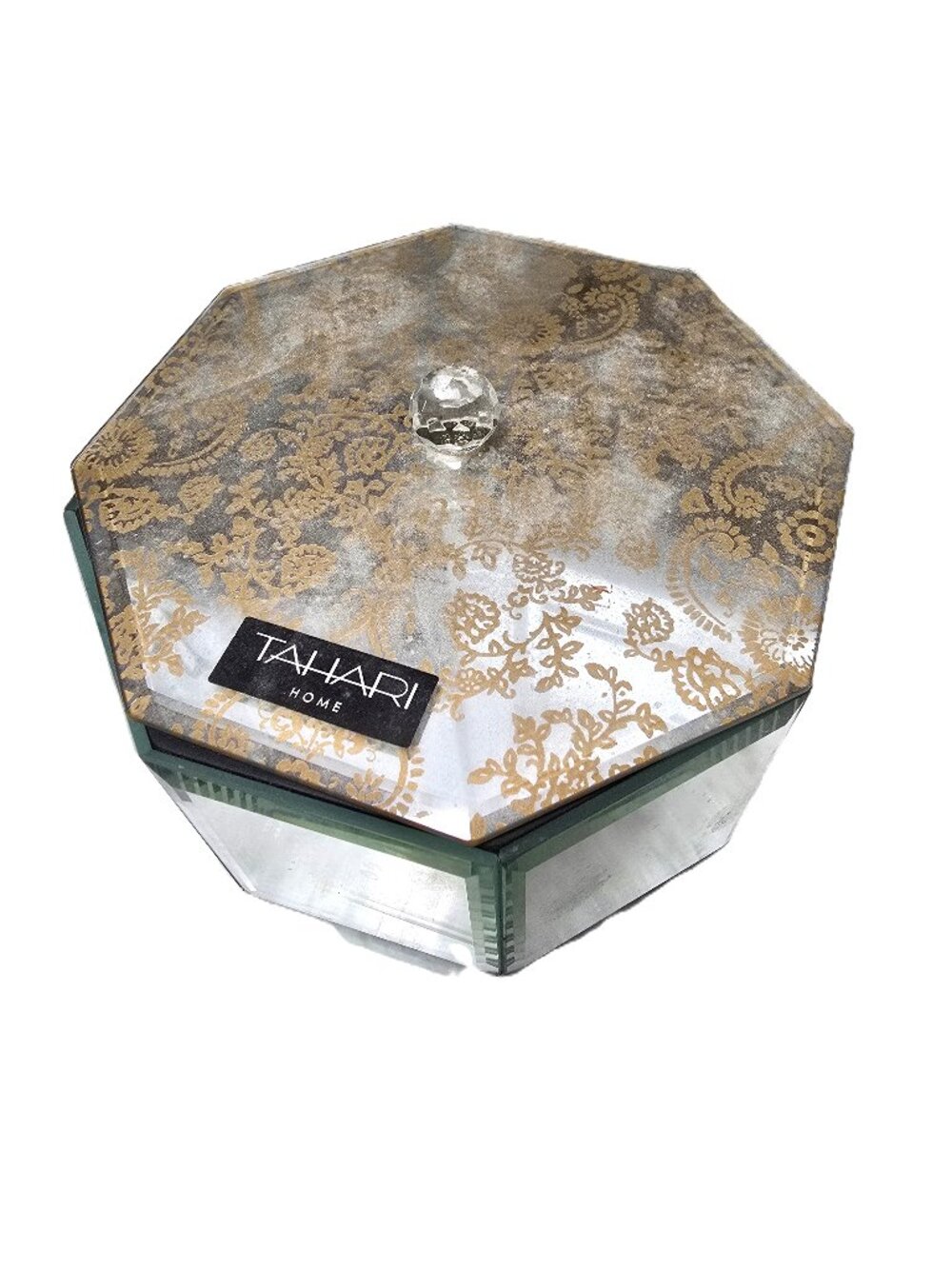 Tahari Home Octagon Mirrored Jewelery Box Gold Damask Floral Lid Crystal Knob